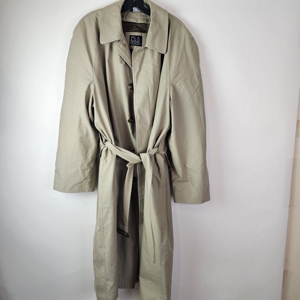 JoS A Bank Beige Khaki Trench Coat Overcoat Belted Mens 42R Removable Wool LIner
